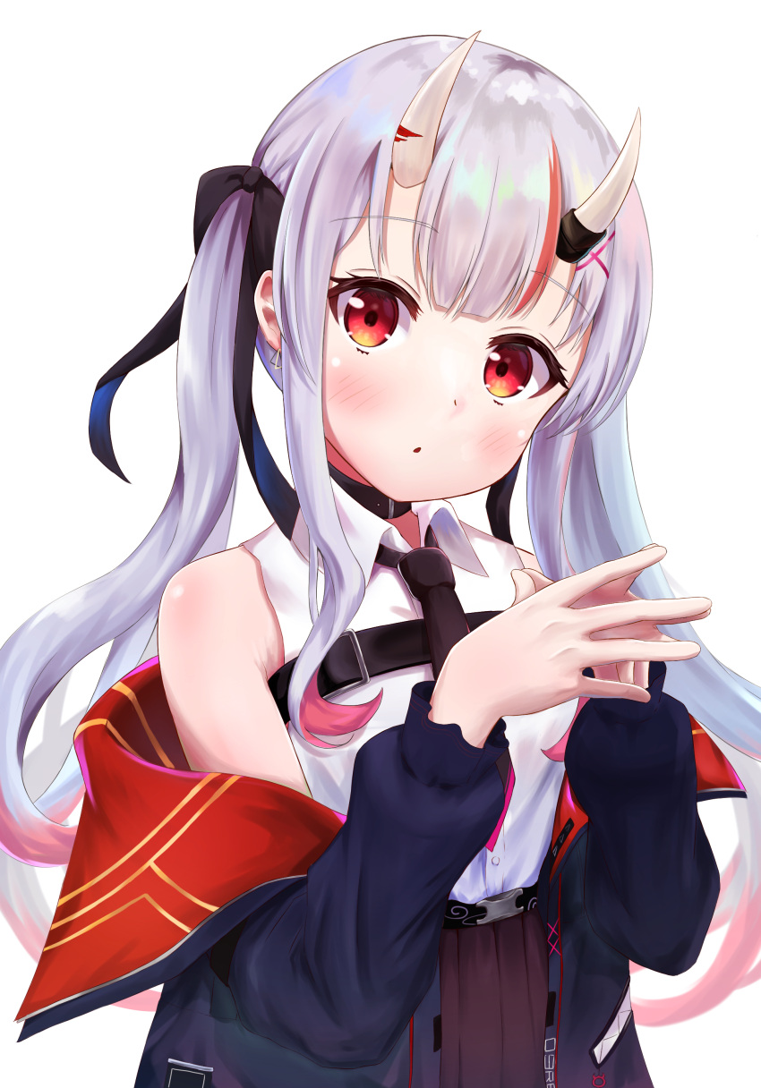 1girl absurdres bare_shoulders black_necktie black_ribbon blush choker commentary earrings grey_hair hair_ribbon highres hololive horns jacket jewelry kakinotane_e long_hair long_sleeves looking_at_viewer multicolored_hair nakiri_ayame nakiri_ayame_(5th_costume) necktie off_shoulder oni_horns parted_lips red_eyes redhead ribbon simple_background solo steepled_fingers streaked_hair twintails upper_body virtual_youtuber white_background