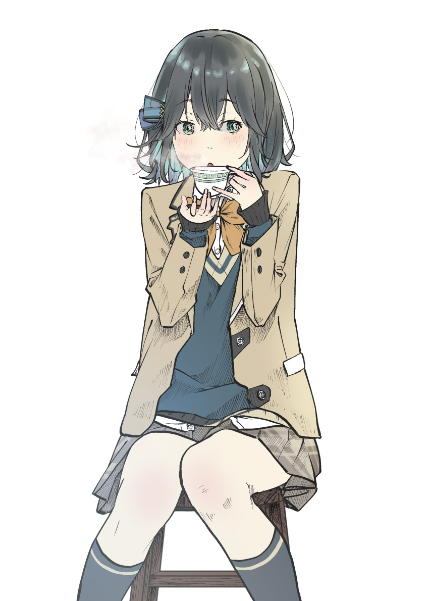1girl absurdres black_hair blue_bow blue_hair blue_sweater blush bow bowtie brown_jacket collared_shirt colored_inner_hair commentary_request cup feet_out_of_frame green_eyes grey_skirt hair_bow hands_up highres holding holding_cup hot_drink jacket keechino knees_together_feet_apart long_sleeves looking_at_viewer looking_to_the_side miyamai_moca multicolored_hair on_stool open_mouth orange_bow orange_bowtie pleated_skirt raised_eyebrows school_uniform shirt simple_background sitting skirt solo steam stool sweater teacup voicepeak white_background white_shirt