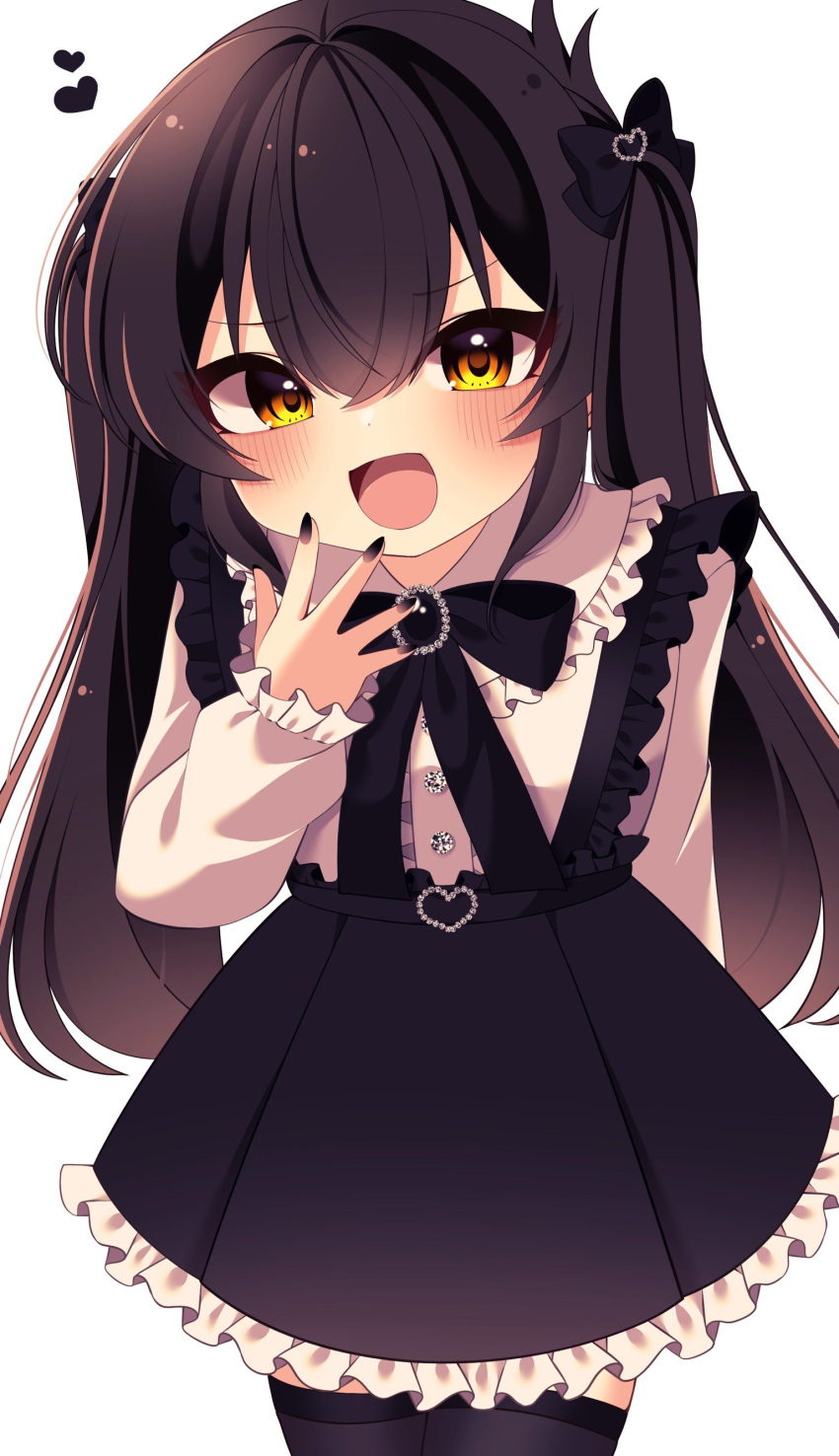 1girl absurdres black_bow black_bowtie black_hair black_nails black_skirt black_thighhighs blush bow bowtie commentary_request cowboy_shot frilled_shirt frilled_shirt_collar frilled_skirt frills hair_between_eyes hair_bow hand_up heart highres idolmaster idolmaster_cinderella_girls long_hair looking_at_viewer maju_risa matoba_risa open_mouth shirt skirt smile solo suspender_skirt suspenders thigh-highs twintails v-shaped_eyebrows white_background white_shirt yellow_eyes