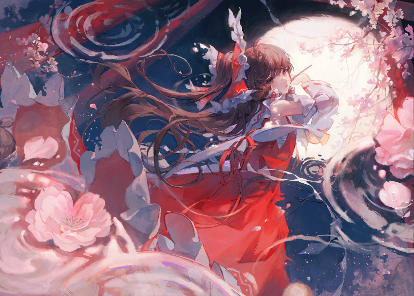 1girl absurdres bare_shoulders bow brown_eyes brown_hair detached_sleeves flower frilled_skirt frills full_moon hair_bow hair_tubes hakurei_reimu highres japanese_clothes long_hair maccha_(mochancc) moon nontraditional_miko parted_lips pink_flower red_bow red_skirt ribbon-trimmed_sleeves ribbon_trim sidelocks skirt solo touhou white_sleeves wide_sleeves