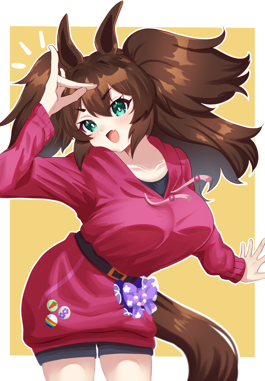 1girl absurdres animal_ears aqua_eyes badge belt black_undershirt blush breasts brown_hair button_badge commentary_request fang fox_shadow_puppet hakurogi highres hood hoodie horse_ears horse_girl horse_tail inari_one_(umamusume) large_breasts light_purple_ribbon looking_at_viewer open_mouth pink_hoodie purple_ribbon ribbon simple_background skin_fang solo tail two_side_up umamusume v-shaped_eyebrows yellow_background