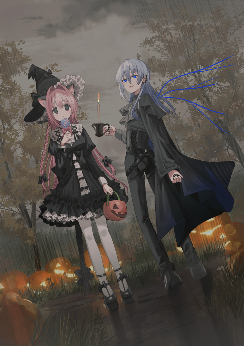 2girls :d animal_ear_fluff animal_ears black_bow black_dress black_footwear black_headwear black_jacket black_nails black_pants black_shirt blue_eyes blush bow braid candle candy cat_ears chihuri closed_mouth clouds cloudy_sky commentary_request dress ear_piercing ende_(chihuri) fire food frilled_dress frilled_hat frills grey_hair hair_between_eyes hair_bow hair_intakes halloween halloween_bucket hat highres holding holding_candy holding_food holding_lollipop jack-o'-lantern jacket juliet_sleeves lollipop long_hair long_sleeves multiple_girls nail_polish nea_(chihuri) open_clothes open_jacket original outdoors overcast pants pantyhose piercing pink_hair puffy_sleeves red_bow shirt shoes sky smile striped striped_bow swirl_lollipop tree twin_braids very_long_hair violet_eyes white_pantyhose witch_hat