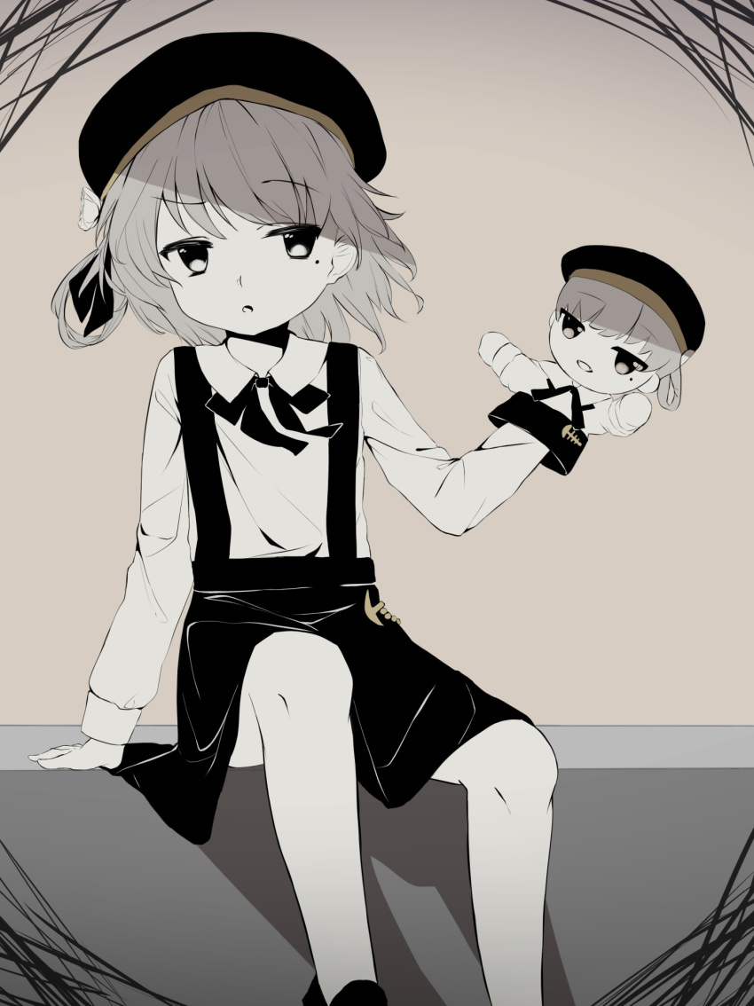 1girl arm_support beret black_headwear black_ribbon black_skirt brown_background collared_shirt feet_out_of_frame floating_hair flower grey_hair hair_flower hair_ornament hair_ribbon hand_puppet hand_up hat hatoba_tsugu highres holding leaning_to_the_side limited_palette long_sleeves looking_at_object looking_to_the_side medium_hair mole mole_under_eye neck_ribbon open_mouth puppet raised_eyebrow ribbon shirt shirt_tucked_in simple_background single_hair_ring sitting skirt solo suspender_skirt suspenders tsugu_(vtuber) virtual_youtuber washi_(user_djjg3532)