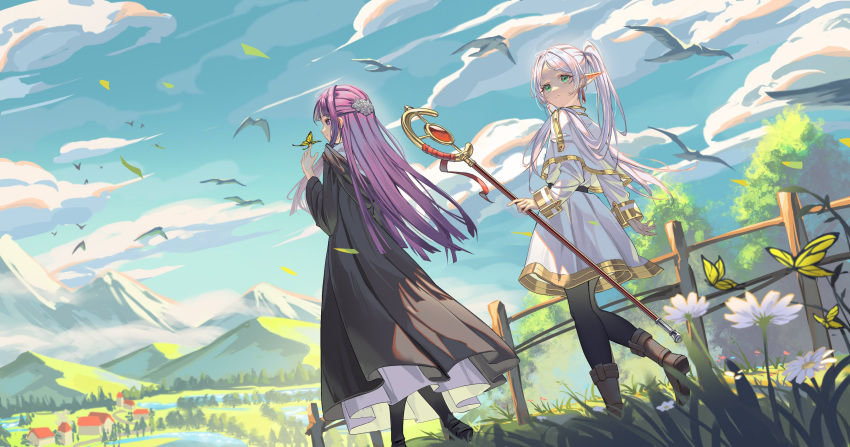 absurdres al_guang boots capelet earrings elf fern_(sousou_no_frieren) frieren green_eyes highres holding holding_staff jewelry long_hair mage_staff multiple_girls pointy_ears purple_hair sousou_no_frieren staff white_capelet white_hair