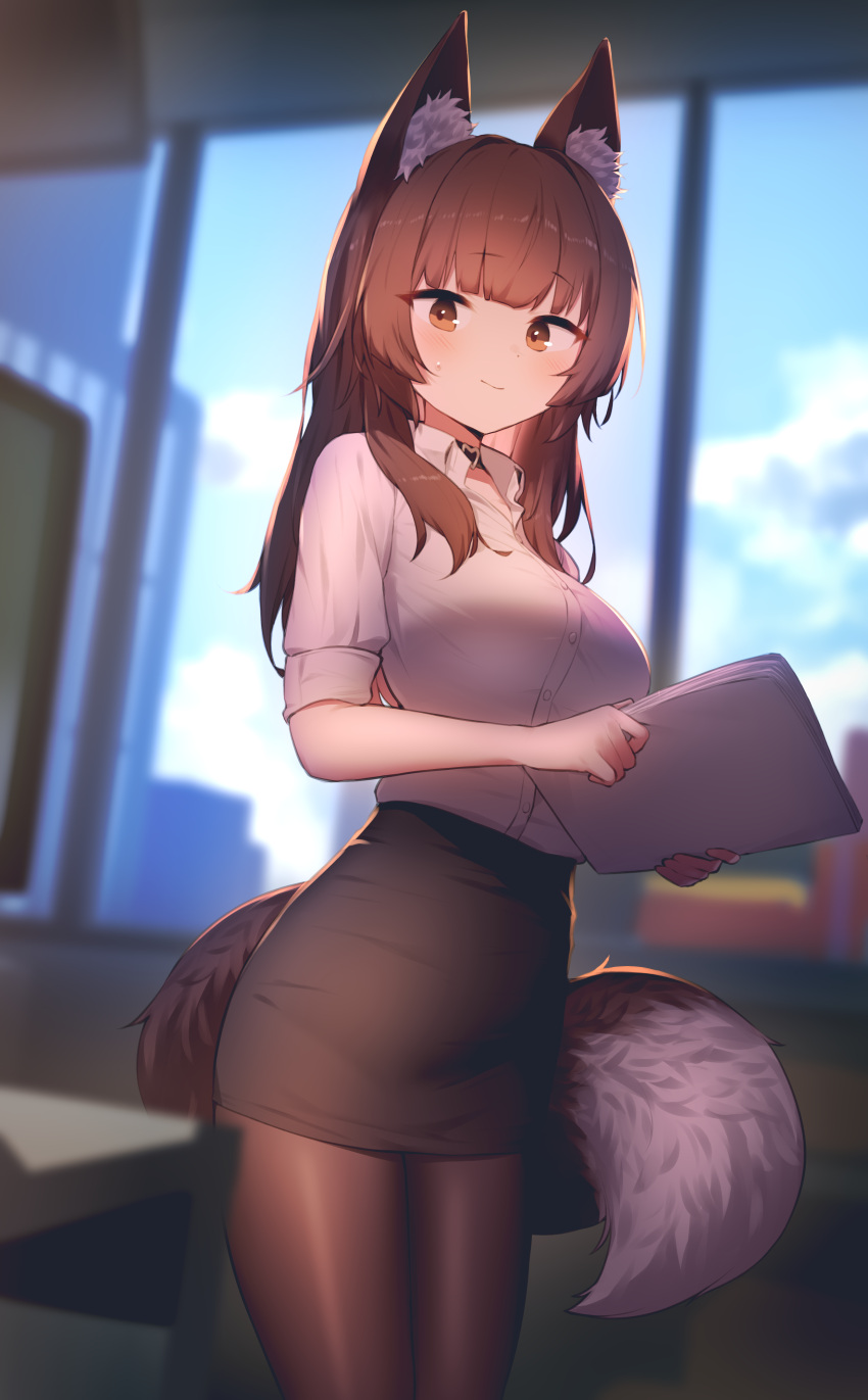 1girl absurdres animal_ear_fluff animal_ears black_skirt blurry blurry_background blush borrowed_character breasts brown_hair brown_pantyhose closed_mouth clouds collared_shirt commission day english_commentary fox_ears fox_girl fox_tail highres holding holding_paper hoplitx indoors large_breasts long_hair looking_at_viewer office_lady original pantyhose paper pencil_skirt pixiv_commission shirt short_sleeves skirt sky solo sweat tail window