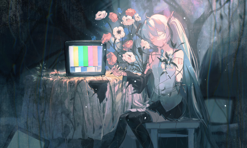 1girl amputee aqua_hair arm_tattoo black_sleeves chinese_commentary closed_eyes commentary cracked_skin damaged detached_sleeves flower hair_ornament hatsune_miku highres layao necktie pleated_skirt sitting skirt solo tattoo television thigh-highs twintails vocaloid