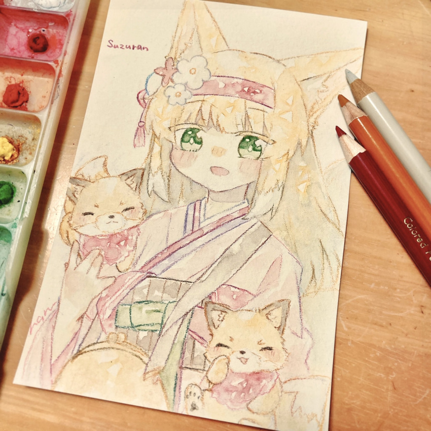 1girl animal animal_ear_fluff animal_ears arknights art_tools_in_frame blonde_hair character_name colored_tips commentary flower fox fox_ears fox_girl green_eyes hair_flower hair_ornament hairband haru_(aona1122) highres japanese_clothes kimono looking_at_viewer multicolored_hair official_alternate_costume one-hour_drawing_challenge open_mouth pink_kimono red_hairband solo suzuran_(arknights) suzuran_(yukibare)_(arknights) traditional_media two-tone_hair white_hair