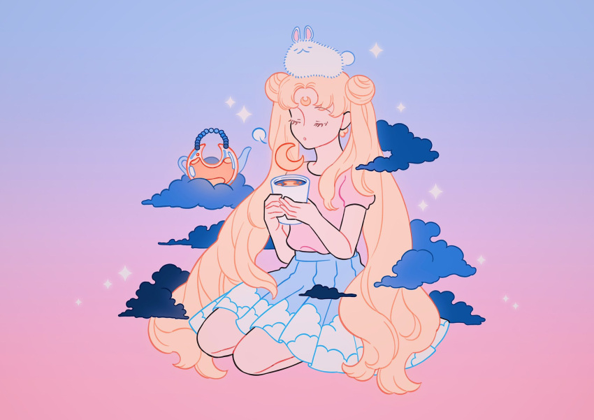 1girl animal_on_head bishoujo_senshi_sailor_moon blonde_hair blue_skirt closed_eyes cloud_print clouds crescent crescent_facial_mark cup double_bun facial_mark full_body gradient_background hair_bun highres holding holding_cup long_hair meyoco on_head pink_background pink_shirt pleated_skirt print_skirt purple_background rabbit seiza shirt shirt_tucked_in sitting skirt solo sparkle teapot tsukino_usagi twintails very_long_hair