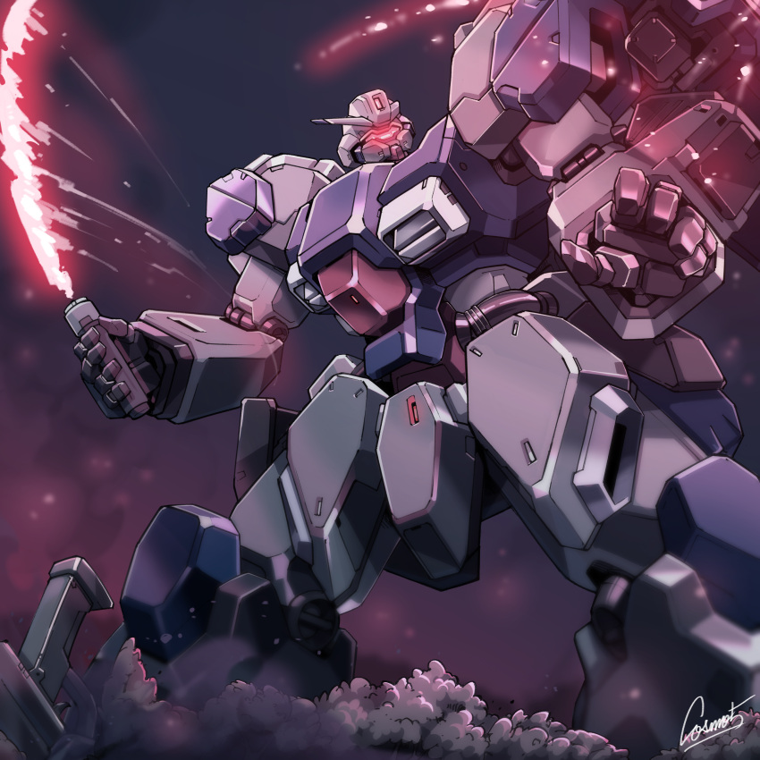 absurdres battle beam_saber blurry blurry_foreground cable cosmo-5 duel earth_federation energy glowing gundam gundam_unicorn gustav_karl highres hose machinery mecha mecha_focus mobile_suit mobile_suit_gundam robot science_fiction signature smoke sparks tube