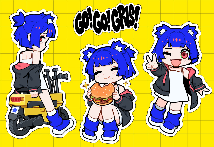 1girl :t absurdres animal_ear_fluff animal_ears black_jacket blue_footwear blue_hair blush boots burger chibi choker closed_eyes closed_mouth dress eating english_text fang food food_on_face grid_background gris_(vertigris) highres holding holding_food honda_motocompo jacket looking_at_viewer motor_vehicle off_shoulder one_eye_closed open_mouth original outline outstretched_arm red_eyes short_hair short_ponytail sitting sleeveless sleeveless_dress smile socks sparkle v vertigris white_dress white_outline white_socks yellow_background