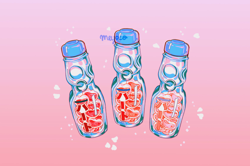 absurdres artist_name bottle drink gradient_background heart highres meyoco no_humans object_focus original pink_background pink_theme ramune