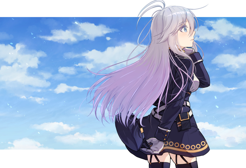 1girl 86_-eightysix- belt black_thighhighs blue_dress blue_eyes blue_sky closed_mouth clouds cloudy_sky cowboy_shot day dress from_side garter_straps gloves grey_hair hand_in_own_hair highres kamille_(vcx68) light_frown long_hair long_sleeves looking_to_the_side military_uniform outdoors outside_border short_dress sky solo standing thigh-highs uniform vladilena_millize white_belt white_gloves
