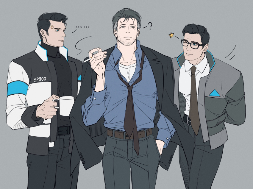 ... 3boys ? android anthonykaen batman_(series) belt black_belt black_jacket black_pants black_shirt blue_eyes blue_shirt brown_belt bruce_wayne cigarette clark_kent clone closed_mouth collared_shirt connor_(detroit) connor_(detroit)_(cosplay) cosplay cup dc_comics detroit:_become_human facial_hair glasses grey_hair grey_jacket highres holding holding_cigarette holding_cup jacket jacket_on_shoulders looking_at_another male_focus multicolored_clothes multicolored_hair multicolored_jacket multiple_boys necktie one_eye_closed open_clothes open_jacket pants shirt short_hair smile superman_(series) two-tone_hair white_jacket white_shirt