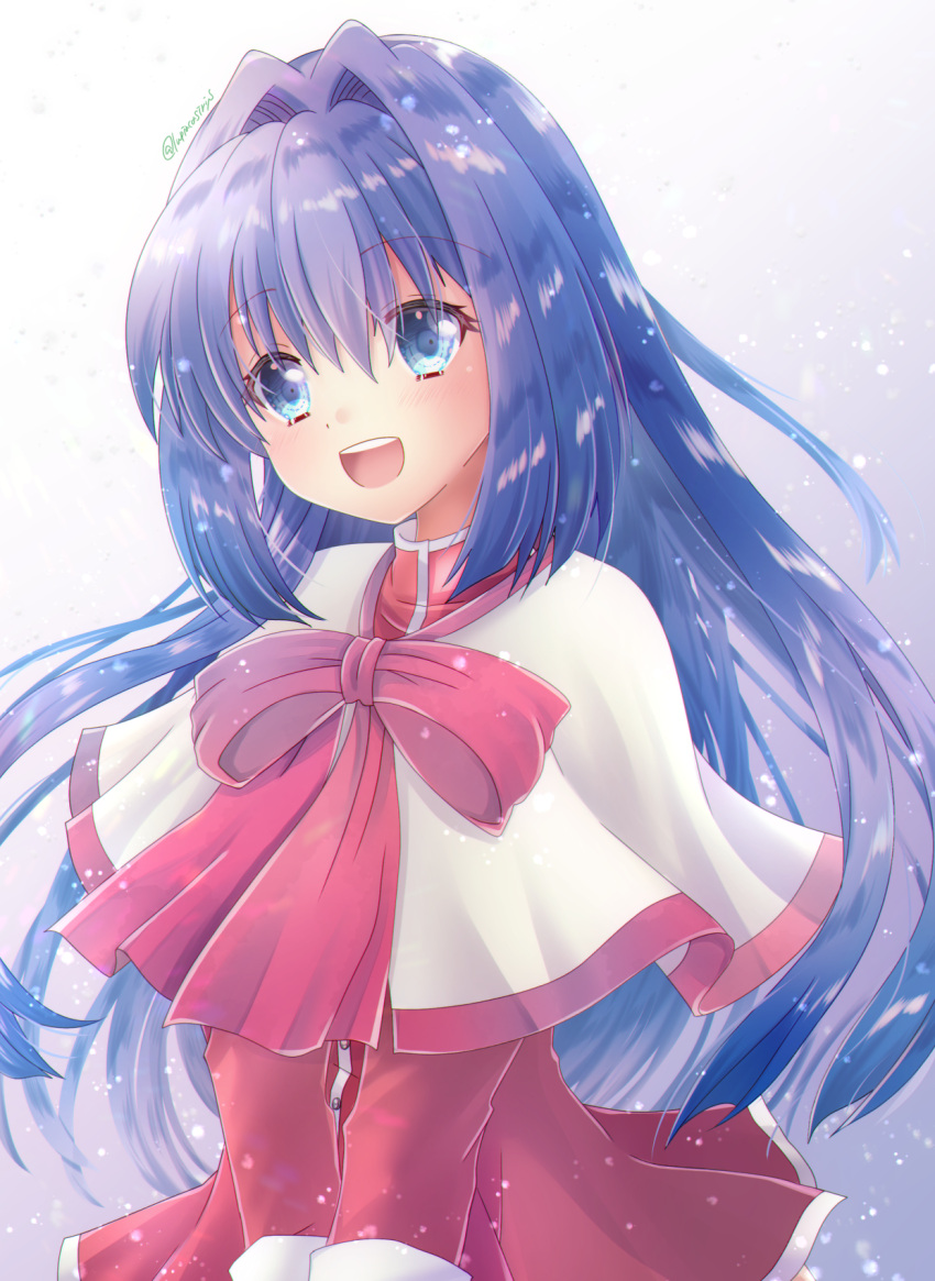 1girl :d blue_background blue_eyes blue_hair blunt_ends blush bow capelet commentary_request cowboy_shot dress eyelashes floating_hair gradient_background hair_between_eyes hair_intakes happy highres kanon long_hair looking_at_viewer minase_nayuki open_mouth pink_bow red_dress school_uniform short_dress simple_background smile snowing solo standing straight_hair teeth twitter_username uniform upper_teeth_only very_long_hair white_background white_capelet yukiomi_kizuki