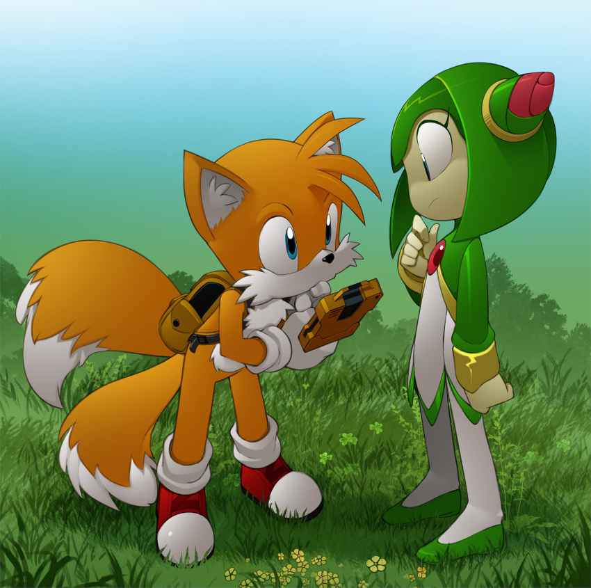1boy 1girl animal_ear_fluff animal_ears backpack bag bleedman blue_eyes closed_mouth colored_skin cosmo_(sonic) crossover fox_boy furry furry_male gloves green_skin highres holding_scanner no_humans on_ground orange_fur outdoors pokemon pokemon_(creature) sonic_(series) sonic_x standing tails_(sonic) white_gloves