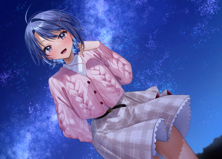 1girl ahoge belt belt_buckle black_belt blue_hair blurry blurry_background blush buckle buttons cable_knit cardigan chigusa_minori commentary_request cowboy_shot depth_of_field grey_skirt hair_ornament hairclip heart heart_necklace highres himeno_akira jewelry jitsuha_imouto_deshita. long_sleeves looking_at_viewer necklace open_mouth outdoors pink_cardigan plaid plaid_skirt shirt short_hair sidelocks skirt sky smile solo star_(sky) starry_sky violet_eyes white_shirt