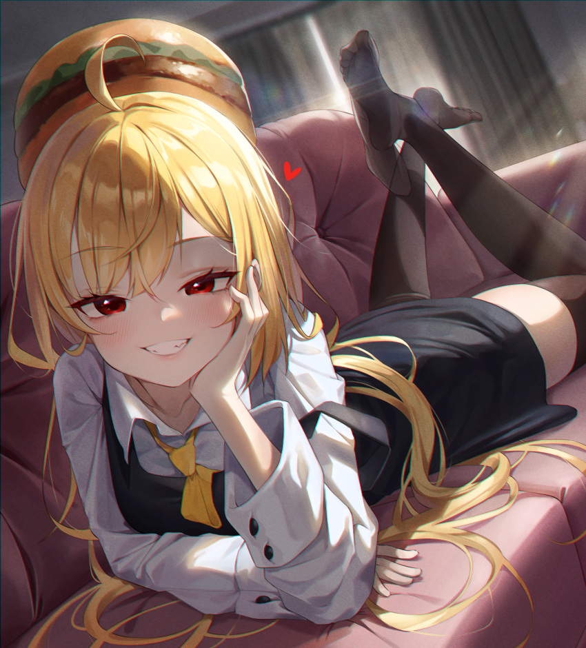 1girl absurdres ahoge akgrn black_dress black_thighhighs blonde_hair blush collared_shirt couch curtains dress dress_shirt elbow_rest feet feet_up grin half-closed_eyes hamburger_hat hand_on_own_cheek hand_on_own_face head_rest heart highres indoors jingburger long_hair long_sleeves looking_at_viewer lying necktie no_shoes on_stomach pinafore_dress red_eyes see-through shirt short_dress sleeveless sleeveless_dress smile smirk solo teeth thigh-highs very_long_hair virtual_youtuber waktaverse white_shirt wing_collar yellow_necktie zettai_ryouiki