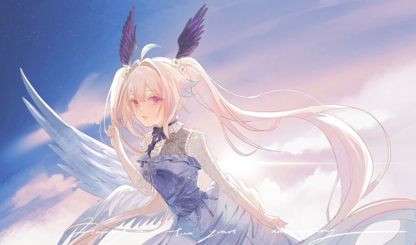 1girl ahoge blonde_hair blush breasts clouds cloudy_sky commentary dress dress_flower english_commentary english_text enna_alouette floating_hair floral_print flower hair_between_eyes hair_flower hair_ornament happy_anniversary head_wings highres lace lens_flare long_hair looking_at_viewer multicolored_hair multiple_wings neck_ribbon nijisanji nijisanji_en open_mouth pink_eyes pointing pointing_up purple_dress purple_ribbon ribbon sky small_breasts solo star_(sky) starry_sky tomogen0628 twintails two-tone_hair very_long_hair wings