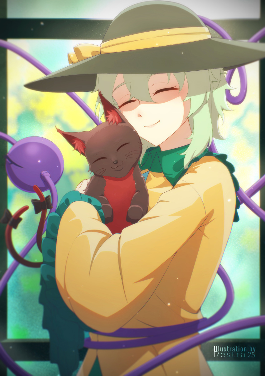 1girl absurdres animal artist_name black_headwear blouse bow cat closed_eyes collared_shirt frilled_sleeves frills grey_hair hair_between_eyes hat hat_bow highres holding holding_animal holding_cat hug kaenbyou_rin kaenbyou_rin_(cat) komeiji_koishi lips long_sleeves multiple_tails restra25 shirt short_hair smile solo tail tail_bow tail_ornament third_eye touhou two_tails upper_body wide_sleeves window yellow_bow yellow_shirt