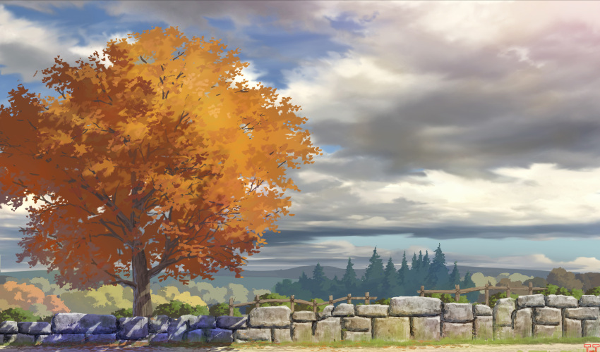 absurdres autumn blue_sky clouds day highres no_humans original outdoors scenery sky stone_wall sumassha_t_t tree wall