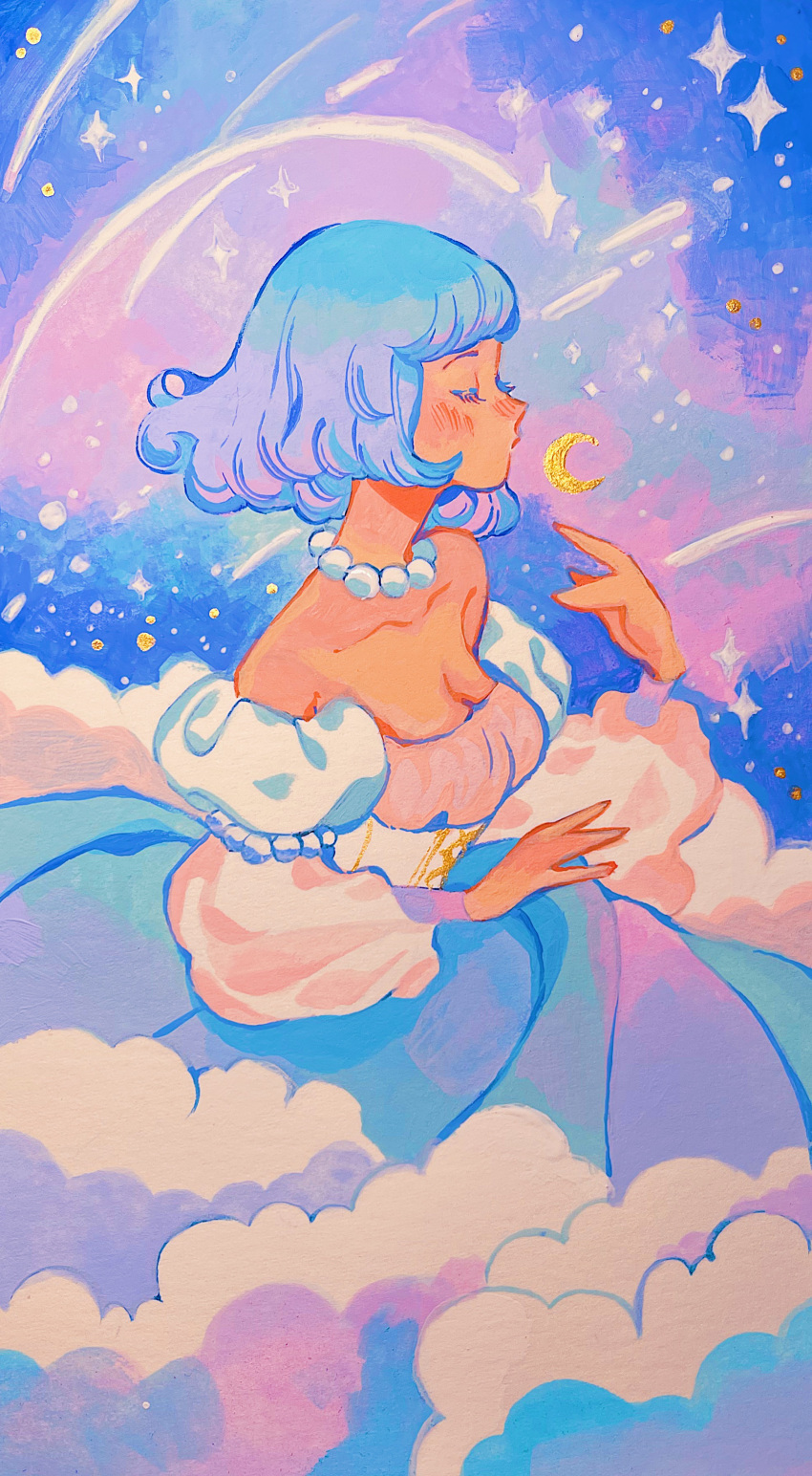 1girl absurdres aqua_hair bare_shoulders blush closed_eyes clouds crescent dress gradient_hair hands_up highres medium_hair meyoco multicolored_hair off-shoulder_dress off_shoulder original profile purple_dress purple_hair shooting_star solo traditional_media upper_body