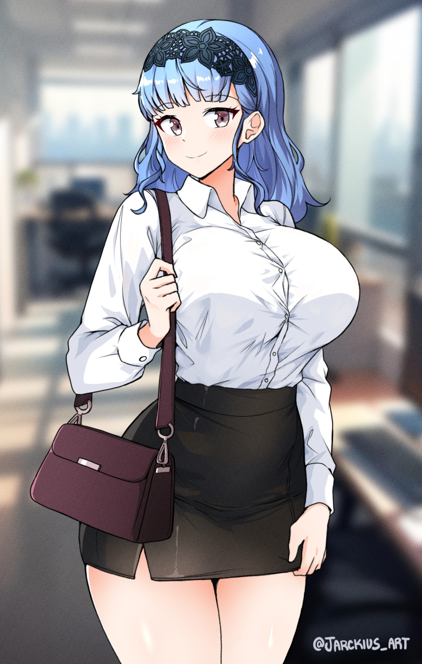 1girl absurdres alternate_costume artist_name bag blue_hair blurry blurry_background breasts collared_shirt contemporary cowboy_shot fire_emblem fire_emblem:_three_houses fire_emblem_warriors:_three_hopes grey_eyes hairband handbag highres huge_breasts jarckius lace_hairband looking_at_viewer marianne_von_edmund office_lady official_alternate_hairstyle pencil_skirt shirt shirt_tucked_in shoulder_bag skirt smile solo