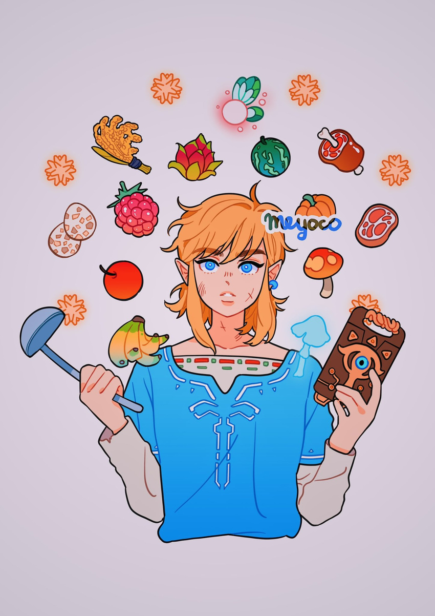 1boy apple artist_name banana blonde_hair blue_eyes champion's_tunic_(zelda) cropped_torso earrings egg fairy fairy_wings food fruit highres jewelry ladle layered_sleeves link long_sleeves looking_at_viewer male_focus meat medium_hair meyoco mushroom pointy_ears pumpkin short_over_long_sleeves short_sleeves simple_background solo the_legend_of_zelda the_legend_of_zelda:_breath_of_the_wild upper_body wheat white_background wings