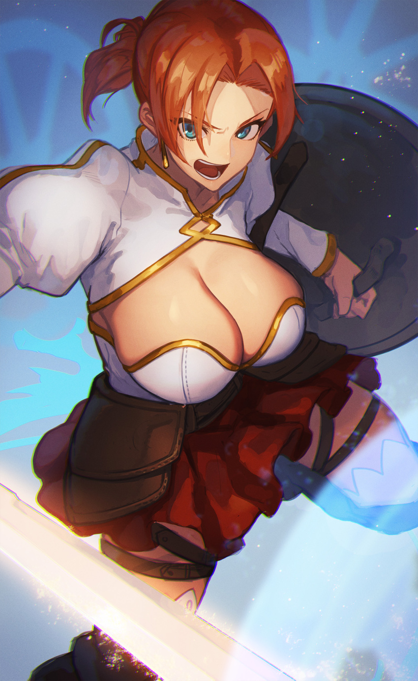 1girl absurdres batayu blue_eyes boudica_(fate) breasts earrings fate/grand_order fate_(series) gold_trim highres holding holding_shield holding_sword holding_weapon jewelry large_breasts open_mouth red_skirt redhead round_teeth shield short_hair side_ponytail skirt sword teeth weapon