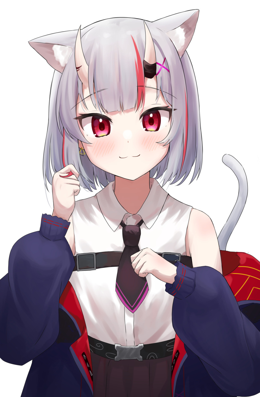 1girl :3 absurdres alternate_hair_length alternate_hairstyle animal_ear_fluff animal_ears black_necktie blush cat_ears cat_tail commentary_request grey_hair hair_twirling highres hololive horns jacket kakinotane_e kemonomimi_mode long_sleeves looking_at_viewer multicolored_hair nakiri_ayame nakiri_ayame_(5th_costume) necktie off_shoulder oni_horns red_eyes redhead shirt short_hair short_necktie simple_background skin-covered_horns sleeveless sleeveless_shirt smile solo streaked_hair tail upper_body virtual_youtuber white_background