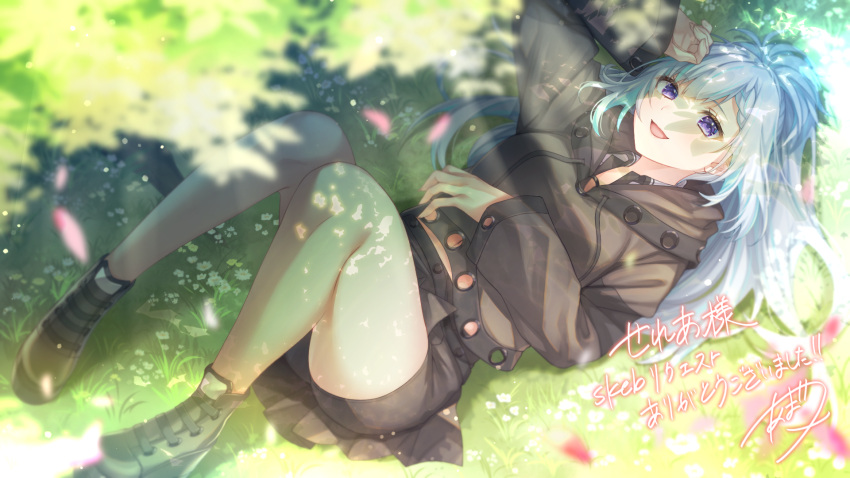 1girl :d amatsuji arm_up avatar_(pso2) black_coat black_footwear bloom blue_hair blurry blush boots braid coat commission dappled_sunlight day depth_of_field eyelashes flower full_body hair_spread_out hand_on_own_stomach happy highres long_hair long_sleeves looking_at_viewer lying navel on_back on_grass open_mouth outdoors phantasy_star phantasy_star_online_2 side_braid signature skeb_commission smile solo sunlight thighs violet_eyes white_flower wide_sleeves