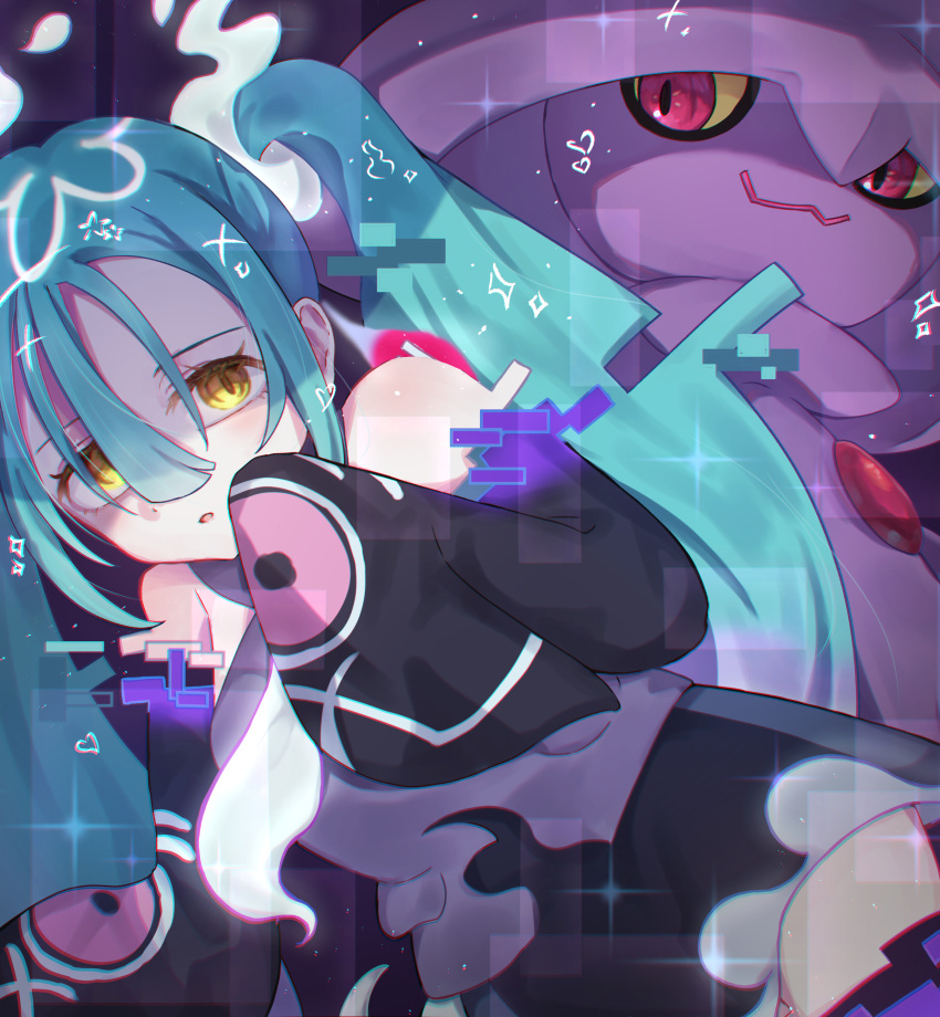 1girl absurdres aqua_hair detached_sleeves ghost ghost_miku_(project_voltage) glitch grey_shirt hair_between_eyes hatsune_miku highres long_hair mismagius necktie pokemon pokemon_(creature) project_voltage shirt skirt sleeves_past_fingers sleeves_past_wrists tomu_(adamu_shiny) twintails very_long_hair vocaloid will-o'-the-wisp_(mythology) yellow_eyes