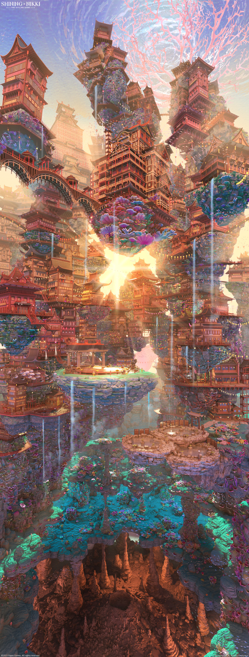 3d absurdres architecture arsenixc building coral east_asian_architecture evening fish highres lantern light_rays night no_humans ocean official_art scenery shining_nikki submerged sun sunbeam sunlight water
