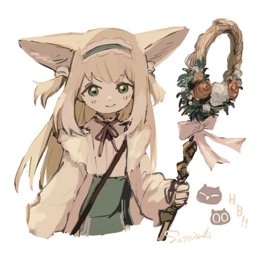 1girl animal_ears arknights black_cat blonde_hair blush cardigan cat closed_mouth commentary cropped_torso crossover fox_ears fox_girl fox_tail frilled_hairband frills green_eyes green_hairband green_skirt hairband heixiu high-waist_skirt highres holding holding_staff long_hair long_sleeves looking_at_viewer luo_xiaohei luo_xiaohei_zhanji neck_ribbon official_alternate_costume one-hour_drawing_challenge open_cardigan open_clothes puffy_long_sleeves puffy_sleeves red_ribbon ribbon shirt skirt smile solo staff sutoa suzuran_(arknights) suzuran_(spring_praise)_(arknights) tail yellow_cardigan yellow_shirt