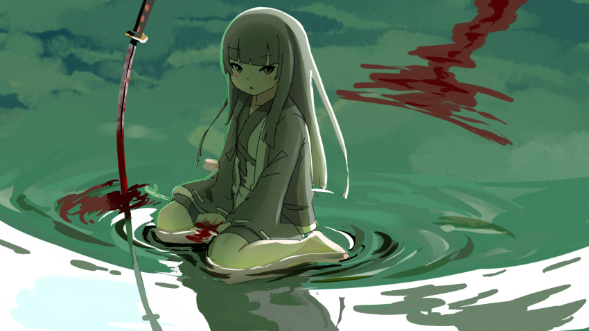 1girl :o barefoot blood blunt_bangs commentary_request full_body grey_eyes grey_hair highres japanese_clothes katana kimono kuro_kosyou long_hair long_sleeves looking_at_viewer open_clothes original parted_lips planted planted_sword ribbon-trimmed_sleeves ribbon_trim shallow_water sitting solo sword very_long_hair wariza water weapon white_kimono wide_sleeves