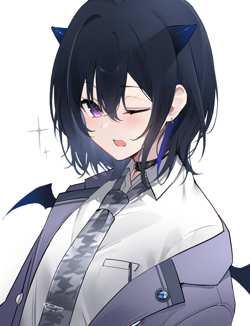 1girl absurdres black_collar black_hair blazer blue_hair blue_horns blue_wings collar collared_shirt demon_girl demon_horns demon_wings dress_shirt earrings grey_jacket grey_necktie hair_between_eyes highres horns houndstooth ichinose_uruha jacket jewelry long_sleeves looking_at_viewer mini_wings multicolored_hair necktie off_shoulder one_eye_closed open_clothes open_jacket open_mouth school_uniform shirt short_hair simple_background solo sparkle streaked_hair upper_body violet_eyes virtual_youtuber vspo! white_background white_shirt wing_collar wings yuuki02