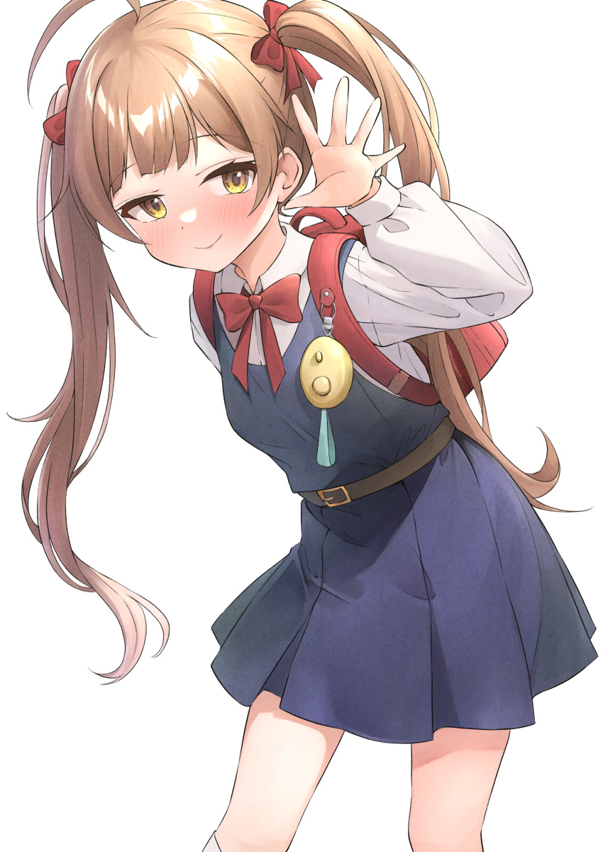 1girl absurdres ahoge b1ack_illust backpack bag blue_dress blush bow bowtie brown_hair check_commentary commentary_request cosplay cowboy_shot crime_prevention_buzzer dress flat_chest hair_bow hakozaki_serika half-closed_eyes hand_up highres idolmaster idolmaster_million_live! long_hair looking_at_viewer parody pleated_dress randoseru red_bag red_bow red_bowtie shigure_ui_(vtuber) shigure_ui_(vtuber)_(cosplay) shirt shukusei!!_loli-gami_requiem smile solo thighs twintails white_background white_shirt yellow_eyes