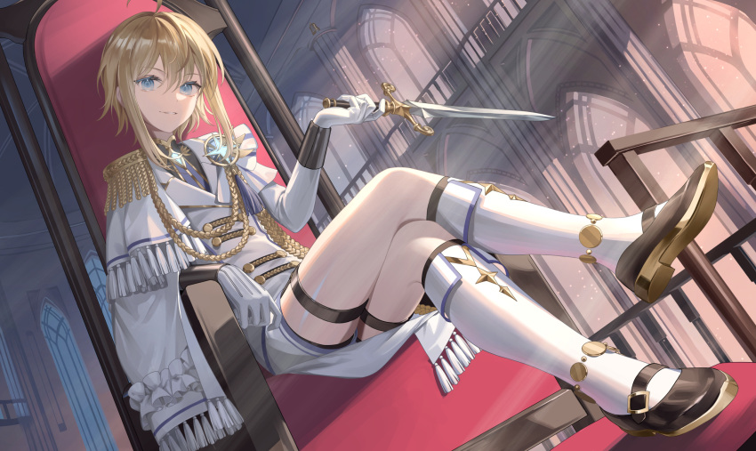 1girl ahoge aiguillette blonde_hair blue_eyes commentary_request copyright_request crossed_legs dagger epaulettes fringe_trim gloves highres holding holding_dagger holding_knife holding_weapon indoors knife looking_at_viewer police short_hair_with_long_locks single_epaulette sitting solo tassel tsuki-shigure weapon white_gloves