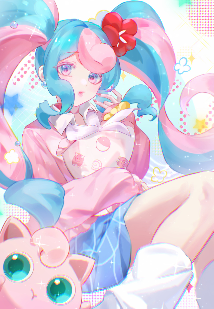 1girl :t absurdres aqua_hair blue_eyes blue_skirt cardigan chromatic_aberration closed_mouth collared_shirt curly_hair earrings eyelashes fairy_miku_(project_voltage) fingernails flower fossil_sprite_(pokemon) glitter golem_(he_ji_gao) green_eyes hair_flower hair_ornament hatsune_miku highres holding holding_pillow jewelry jigglypuff knees_together_feet_apart leg_warmers legs lips long_fingernails long_hair long_sleeves looking_at_viewer multicolored_hair nail_polish neckerchief pillow pink_cardigan pink_eyes pink_hair pink_lips pink_nails pink_neckerchief plaid plaid_skirt poke_ball_print pokemon pokemon_(creature) project_voltage puckered_lips shirt skirt sky sleeves_past_wrists socks star_(symbol) tauros thick_lips thighs twintails two-tone_eyes two-tone_hair vocaloid white_background white_shirt white_socks