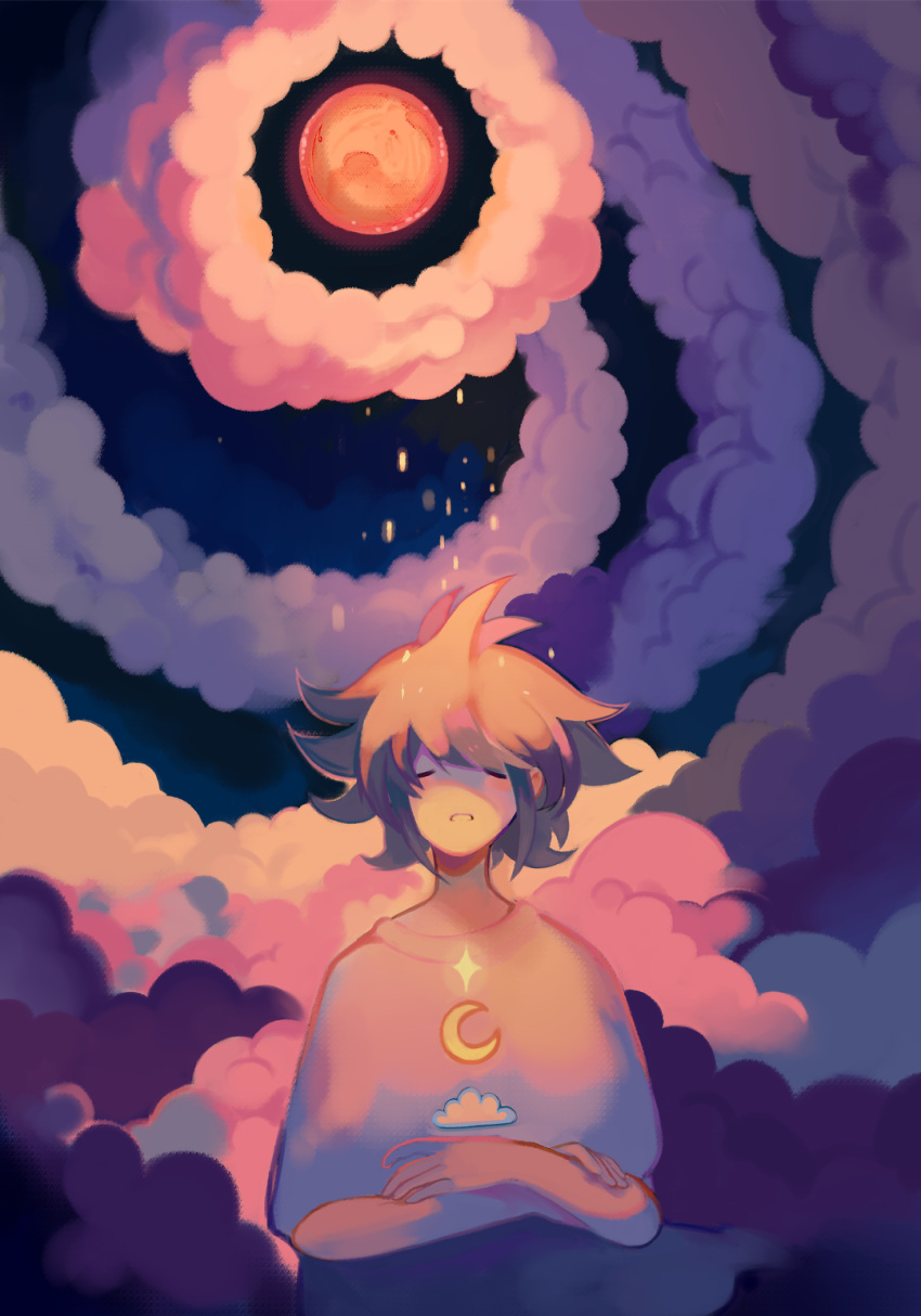 1boy antenna_hair blue_shirt blush_stickers closed_eyes cloud_print clouds commentary crescent_print crossed_arms english_commentary frown full_moon highres hoshi-pan light_brown_hair male_focus moon night original parted_lips redrawn shirt short_hair solo spiral_background star_(sky) t-shirt teeth upper_body