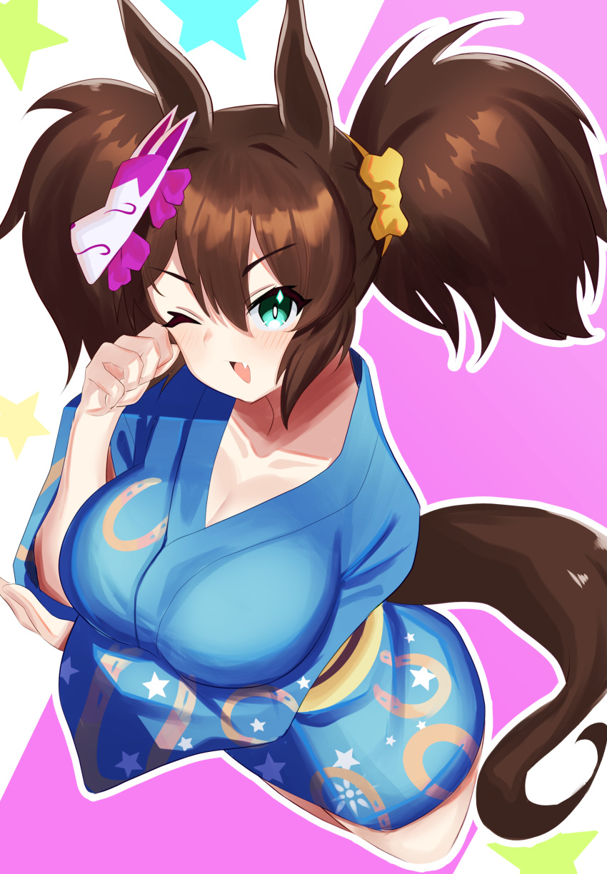 1girl absurdres alternate_costume animal_ears aqua_eyes blue_kimono brown_hair clenched_hand collarbone fang fox_mask from_above hair_ribbon hakurogi hand_on_own_elbow hand_on_own_face highres horse_ears horse_girl horse_tail horseshoe_print inari_one_(umamusume) japanese_clothes kimono looking_at_viewer looking_up mask mask_on_head multicolored_background one_eye_closed ribbon skin_fang solo tail twintails umamusume yellow_ribbon yukata