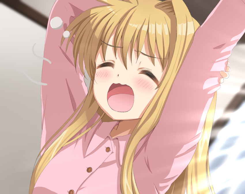 1girl air_(visual_novel) arm_behind_head arms_up blurry blurry_background blush close-up closed_eyes commentary dogu_illust grabbing_own_arm hair_between_eyes hair_down hair_intakes indoors kamio_misuzu light_rays open_mouth pajamas pink_pajamas sidelighting sidelocks sleepy solo stretching sunbeam sunlight wavy_mouth yawning