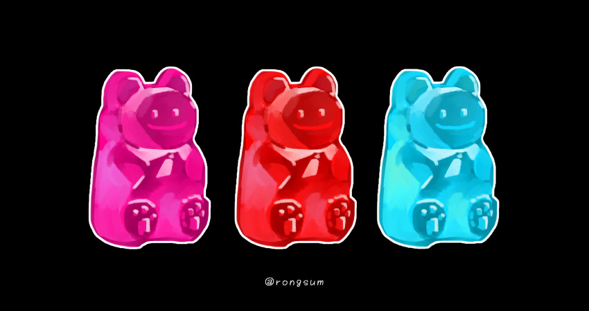 black_background commentary_request food food_focus furrysum gummy_bear highres korean_commentary no_humans original outline simple_background twitter_username white_outline