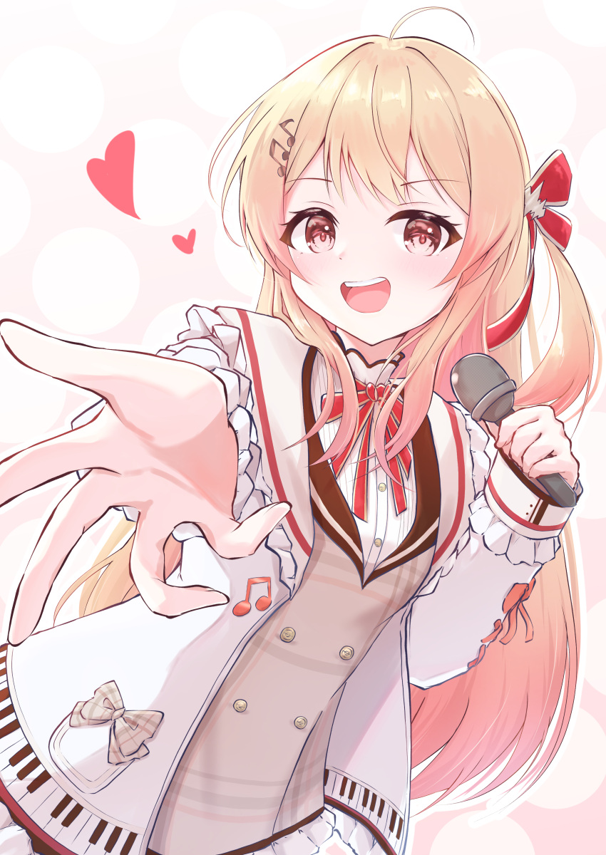 1girl absurdres ahoge blonde_hair brown_dress dress hair_ornament hair_ribbon heart highres holding holding_microphone hololive hololive_dev_is jacket karupa_(karupapon) long_hair looking_at_viewer microphone musical_note musical_note_hair_ornament otonose_kanade red_eyes red_ribbon ribbon side_ponytail smile solo teeth upper_teeth_only virtual_youtuber white_background white_jacket