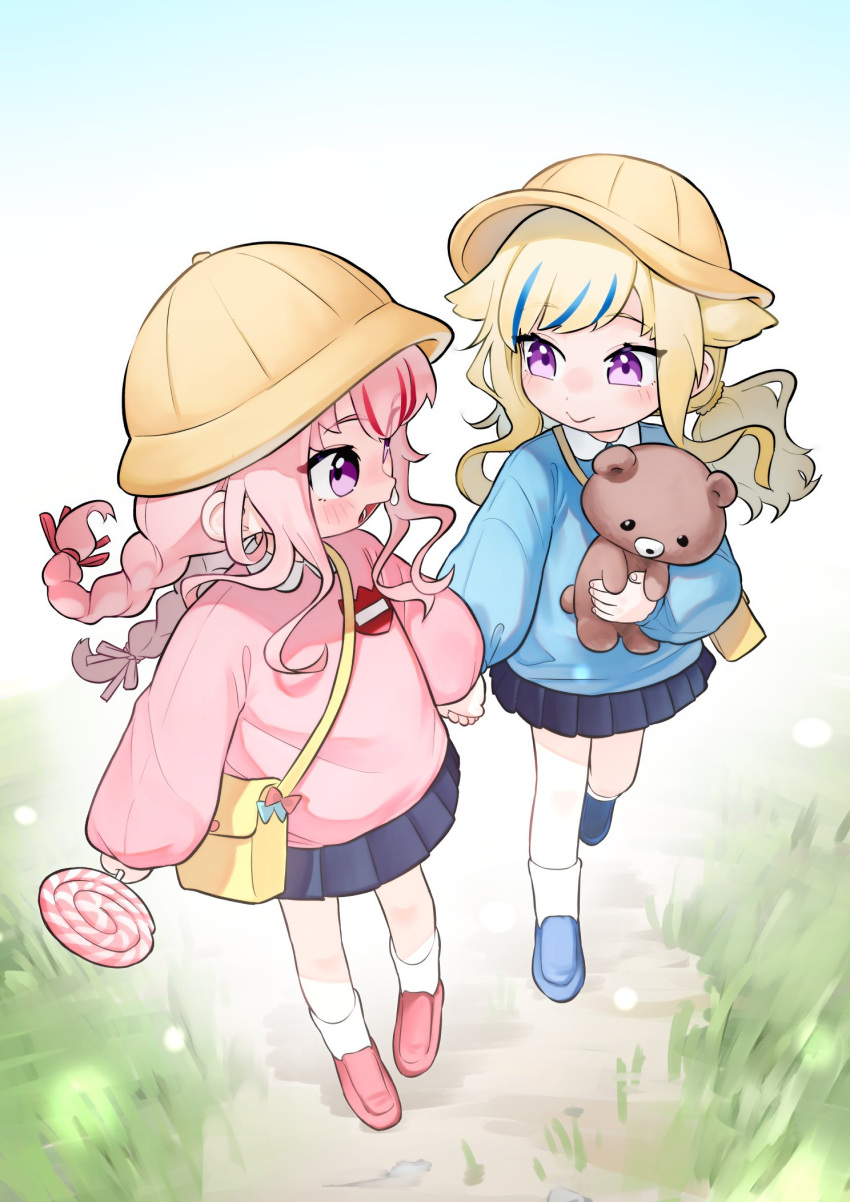 2girls bag blonde_hair blue_hair blue_shirt blush braid candy commentary_request food frogsnake full_body hat highres himehina_channel holding holding_candy holding_food holding_hands holding_lollipop holding_stuffed_toy kindergarten_bag kindergarten_uniform lollipop long_hair long_sleeves looking_at_another multicolored_hair multiple_girls open_mouth pink_hair pink_shirt redhead school_hat shirt shoulder_bag smile smock stuffed_animal stuffed_toy suzuki_hina swirl_lollipop tanaka_hime teddy_bear twin_braids two-tone_hair violet_eyes virtual_youtuber yellow_headwear