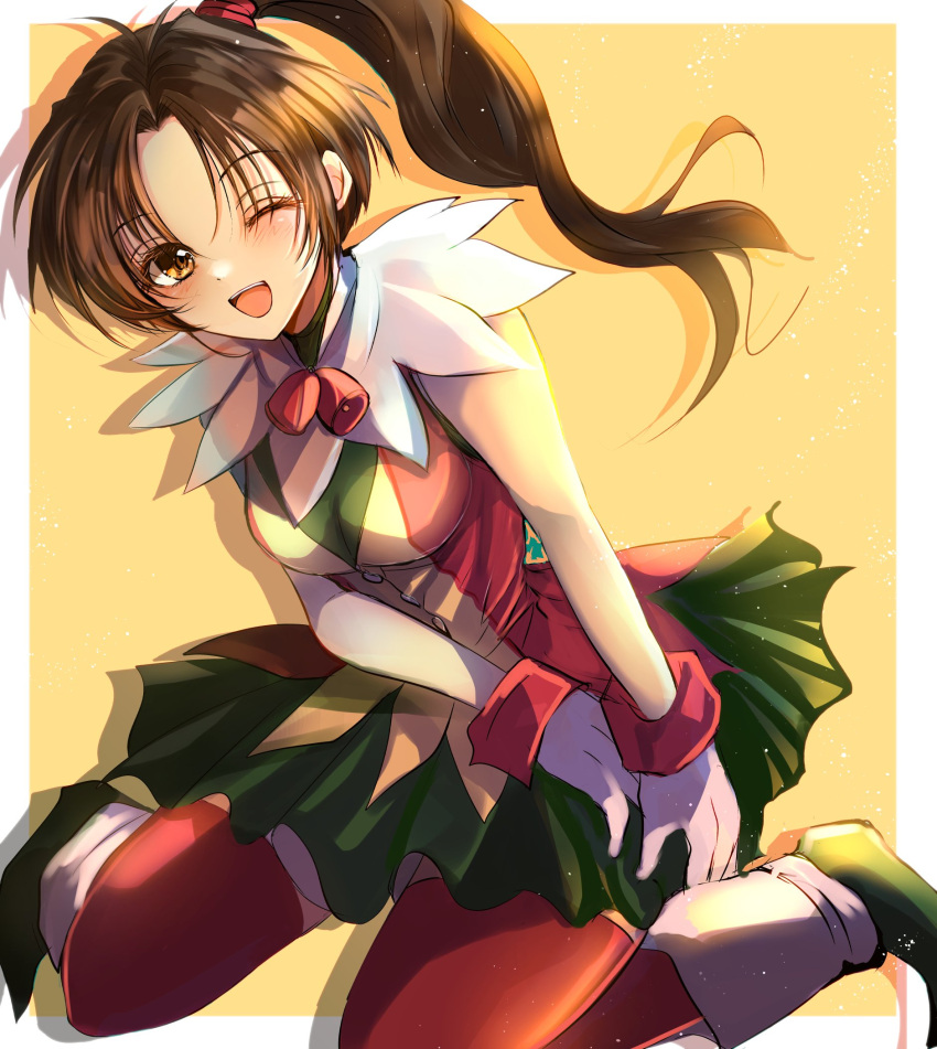 1girl any813 breasts brown_eyes brown_hair full_body gensou_suikoden gloves green_skirt highres long_hair looking_at_viewer meg_(suikoden) one_eye_closed open_mouth ponytail red_thighhighs skirt smile solo thigh-highs white_gloves