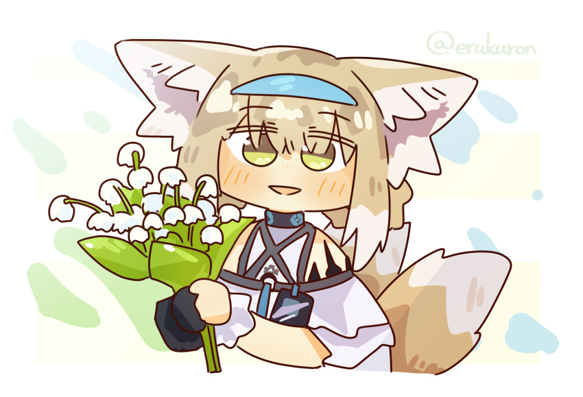 1girl animal_ear_fluff animal_ears arknights artist_name bare_shoulders black_collar black_gloves blonde_hair blush clothing_cutout collar colored_tips commentary cropped_torso flower fox_ears fox_girl fox_tail gloves green_eyes highres holding holding_flower infection_monitor_(arknights) kitsune kyuubi lcron lily_of_the_valley looking_at_viewer multicolored_hair multiple_tails name_connection object_namesake open_mouth oripathy_lesion_(arknights) short_hair short_sleeves shoulder_cutout single_glove single_wrist_cuff solo suzuran_(arknights) tail twitter_username two-tone_hair white_hair wrist_cuffs
