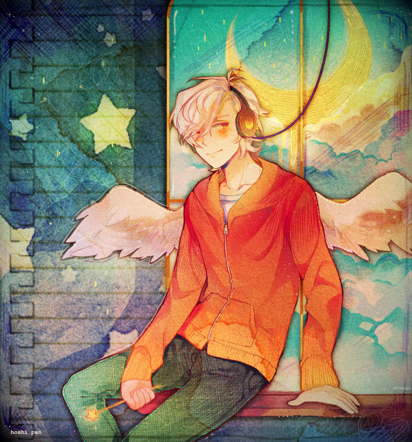 1boy angel_wings artist_name asymmetrical_hair black_headphones blue_pants blue_sky cable closed_mouth clouds collarbone commentary commission crescent_moon crescent_print denim english_commentary feathered_wings feet_out_of_frame holding holding_wand hoshi-pan indoors jacket jeans light_blush long_sleeves male_focus moon orange_jacket original pants red_eyes shirt sky smile solo sparkle star_(symbol) wand white_hair white_shirt white_wings window wings zipper zipper_pull_tab