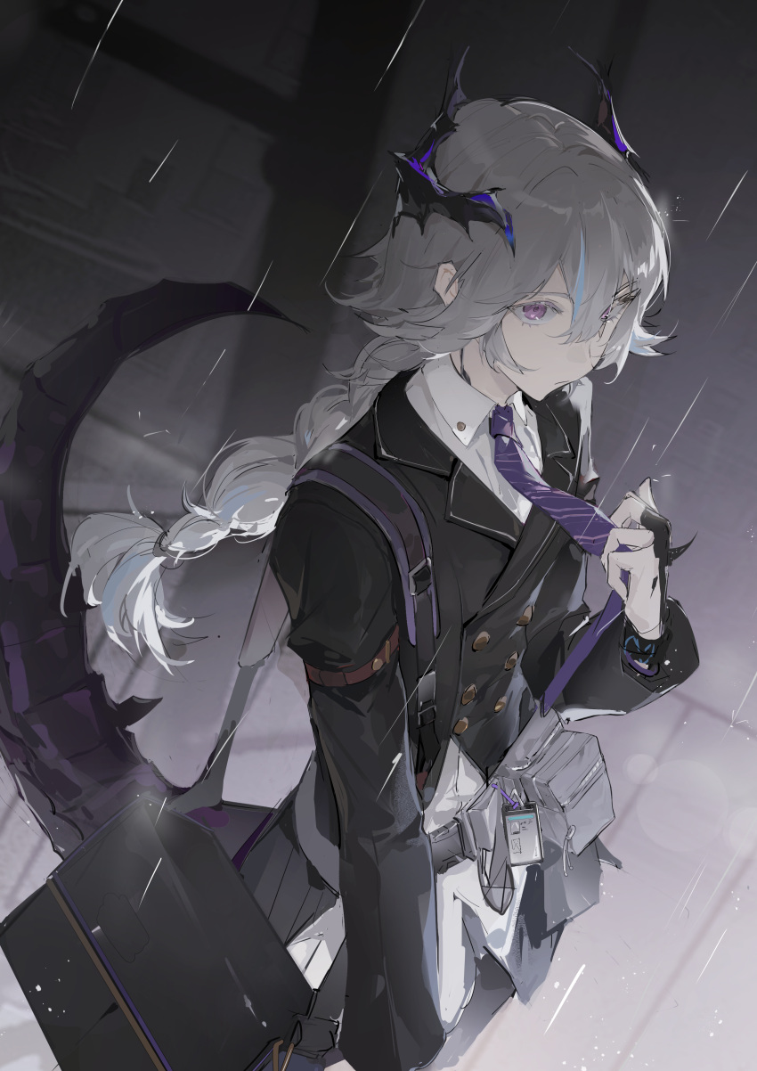 1boy absurdres arknights black_suit buttons claw_ring collared_shirt commentary cowboy_shot dragon_boy dragon_horns dragon_tail dutch_angle frown grey_background grey_hair highres horns long_hair looking_at_viewer male_focus necktie oripathy_lesion_(arknights) outdoors pouch purple_necktie puzzle_(arknights) rain shirt sidelocks simple_background solo striped_necktie suit swimsuit tail violet_eyes white_shirt yeyuanqianqianqian