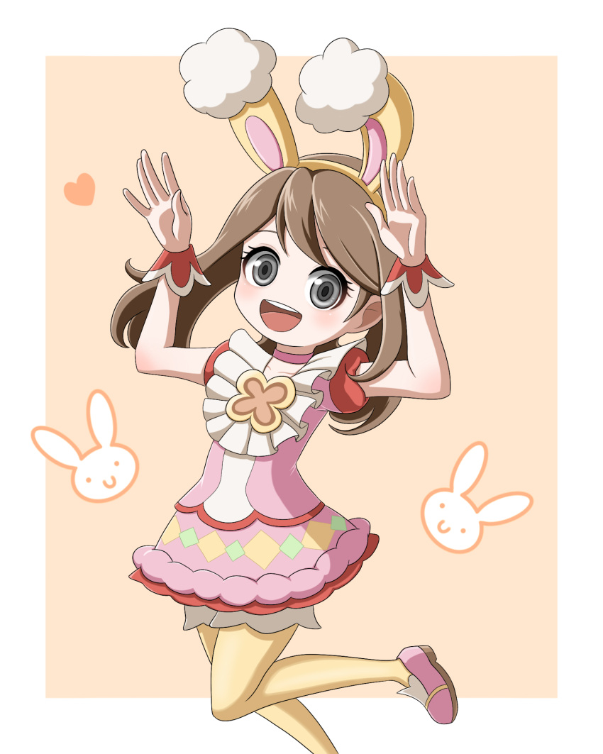 1girl :d animal_ears arms_up brown_hair dress fake_animal_ears grey_eyes heart highres looking_at_viewer may_(pokemon) may_(spring_2021)_(pokemon) nana_(eyzy2454) official_alternate_costume open_mouth pantyhose pink_dress pink_footwear pokemon pokemon_(game) pokemon_masters_ex rabbit rabbit_ears rabbit_pose smile solo teeth upper_teeth_only yellow_pantyhose