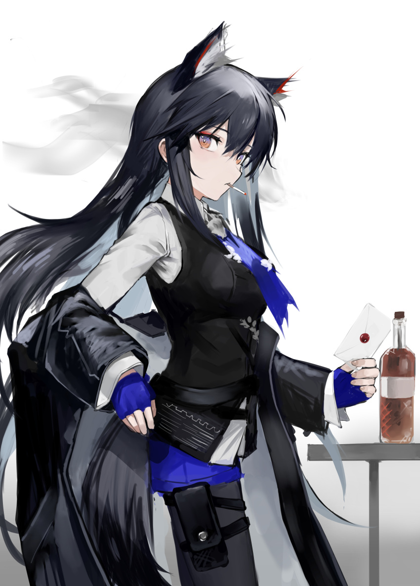 1girl absurdres alcohol animal_ear_fluff animal_ears arknights black_coat black_hair black_pantyhose black_vest blue_gloves blue_necktie blue_shorts breasts cigarette coat coat_on_shoulders commentary cowboy_shot fingerless_gloves gloves highres holding holding_letter letter long_hair long_sleeves looking_at_viewer medium_breasts neck necktie orange_eyes pantyhose pantyhose_under_shorts pouch s_4ik4 shirt shorts simple_background smoke smoking solo table tail texas_(arknights) texas_the_omertosa_(arknights) very_long_hair vest white_background white_shirt wolf_ears wolf_girl wolf_tail